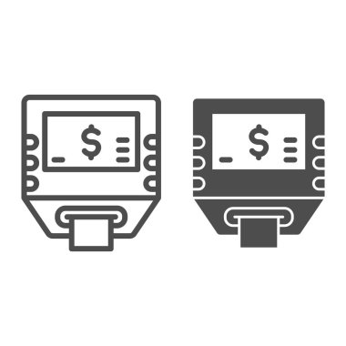 Öz servis terminali hattı ve katı ikon, alışveriş konsepti, beyaz arka planda banka terminali tabelası, mobil konsept ve web tasarımı için ana hatlı ATM simgesi. Vektör grafikleri.