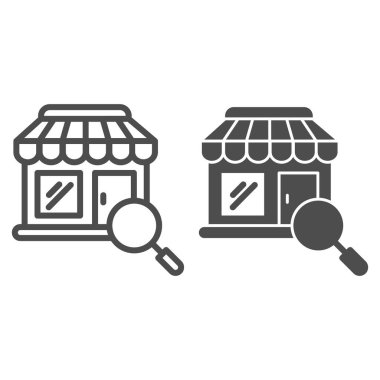 Dükkan inşaatı, büyüteç ve sağlam ikon, alışveriş konsepti, beyaz arka planda büyüteç işareti olan mağaza, alışveriş cephesi ve ana hatlarda büyüteç. Vektör grafikleri.