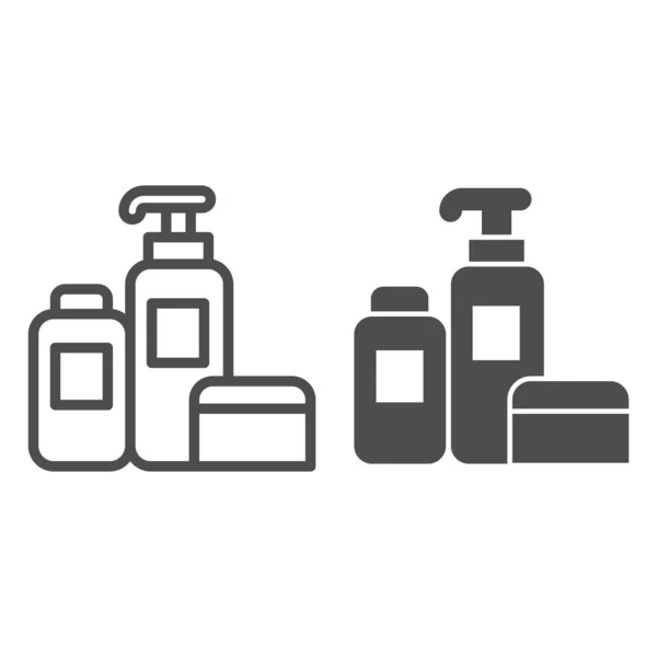 Γραμμή οικιακών χημικών και στερεό εικονίδιο, έννοια καθαρισμού, εργαλεία καθαρισμού σπιτιού υπογράψει σε λευκό φόντο, απορρυπαντικά και απολυμαντικά προϊόντα σε φιάλες εικονίδιο σε στυλ περίγραμμα. Διανυσματικά γραφικά. — Διανυσματικό Αρχείο