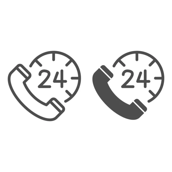 Handset και γραμμή ρολογιού και στερεό εικονίδιο, έννοια τηλεφωνικό κέντρο, ολοήμερη υπογραφή υποστήριξης πελατών σε λευκό φόντο, Ρολόι με το εικονίδιο του τηλεφώνου σε στυλ περίγραμμα, κινητή έννοια και web design. Διανυσματικά γραφικά. — Διανυσματικό Αρχείο