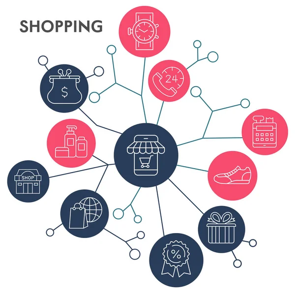 Infographie shopping dans la conception de cercle. Illustration en ligne plate du commerce électronique dans des formes rondes et colorées. Illustration vectorielle moderne de boutique et magasin pour bannières web. — Image vectorielle