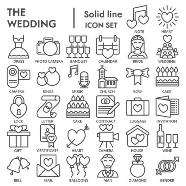 Evlilik çizgisi simgesi simgesi seti, aşk sembolleri koleksiyonu, vektör çizimleri, logo çizimleri, evlilik işaretleri beyaz arkaplanda izole edilmiş doğrusal piktogramlar paketi, ep 10.