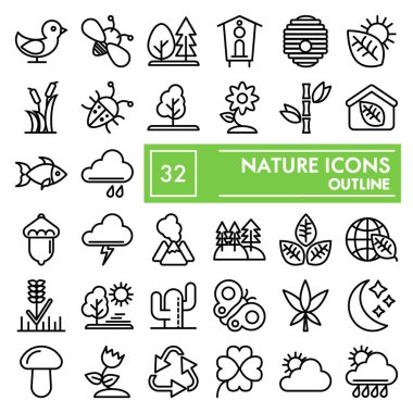 Doğa çizgisi simgesi seti, çevre sembolleri koleksiyonu, vektör çizimleri, logo illüstrasyonları, koruma işaretleri beyaz arkaplanda izole edilmiş doğrusal pictogramlar paketi, eps 10.