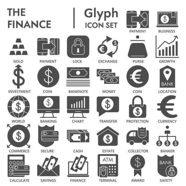 Finance glyph SIGNED icon set, bank symbols collection, vector sketches, logo illustrations, money signs solid pictograms package isolated on white background, eps 10.