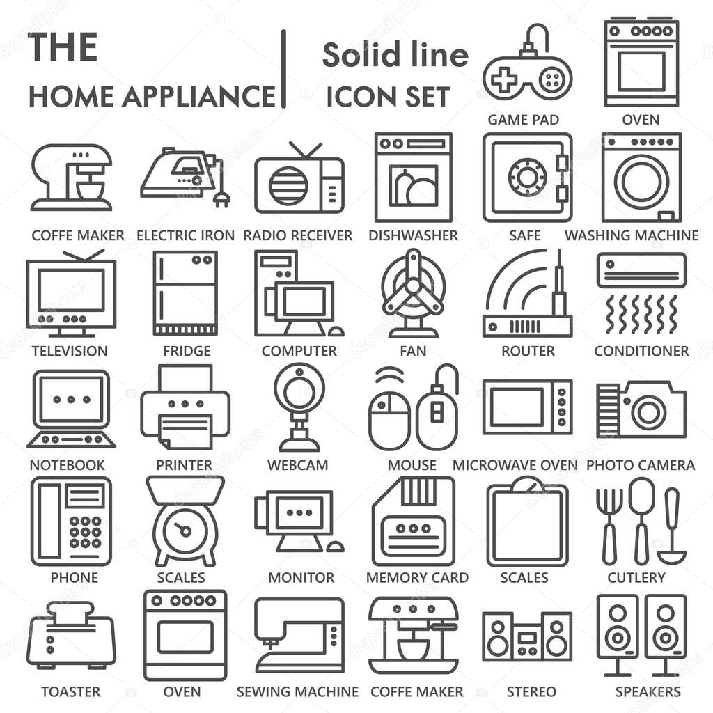 Home appliance line SIGNED icon set, household symbols collection, vector sketches, logo illustrations, electrical appliances signs linear pictograms package isolated on white background, eps 10.