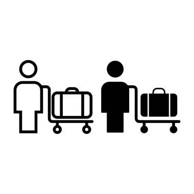 Kişi ve bagaj arabası hattı ve sembol. İnsan ve bagaj arabası çizimi beyaza izole edilmiş. Bagaj tramvayı tasarımı olan insan tasarımı, web ve uygulama için tasarlanmış. Eps 10.