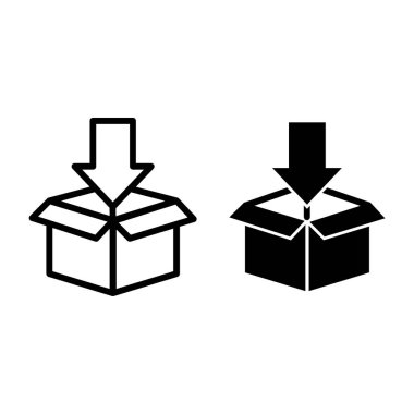 Aşağı ok ve sembol içeren bir kutu. Karton ambalaj vektör çizimi beyaza izole edildi. Kargo paketi tasarımı, web ve uygulama için tasarlandı. Eps 10.