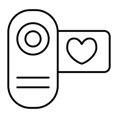 Sinema kamerası ince çizgi simgesi. Beyaz üzerine izole edilmiş video vektör illüstrasyonunu seviyorum. Düğün filmi tasarımı, web ve uygulama için tasarlandı. Eps 10.