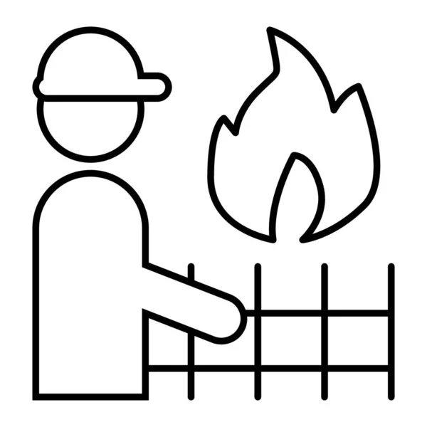 Pompier et feu mince icône de ligne. Pompier avec flamme et clôture vectorielle illustration isolée sur blanc. Pompier en conception de style contour de casque, conçu pour le web et l'application. Eps 10. — Image vectorielle