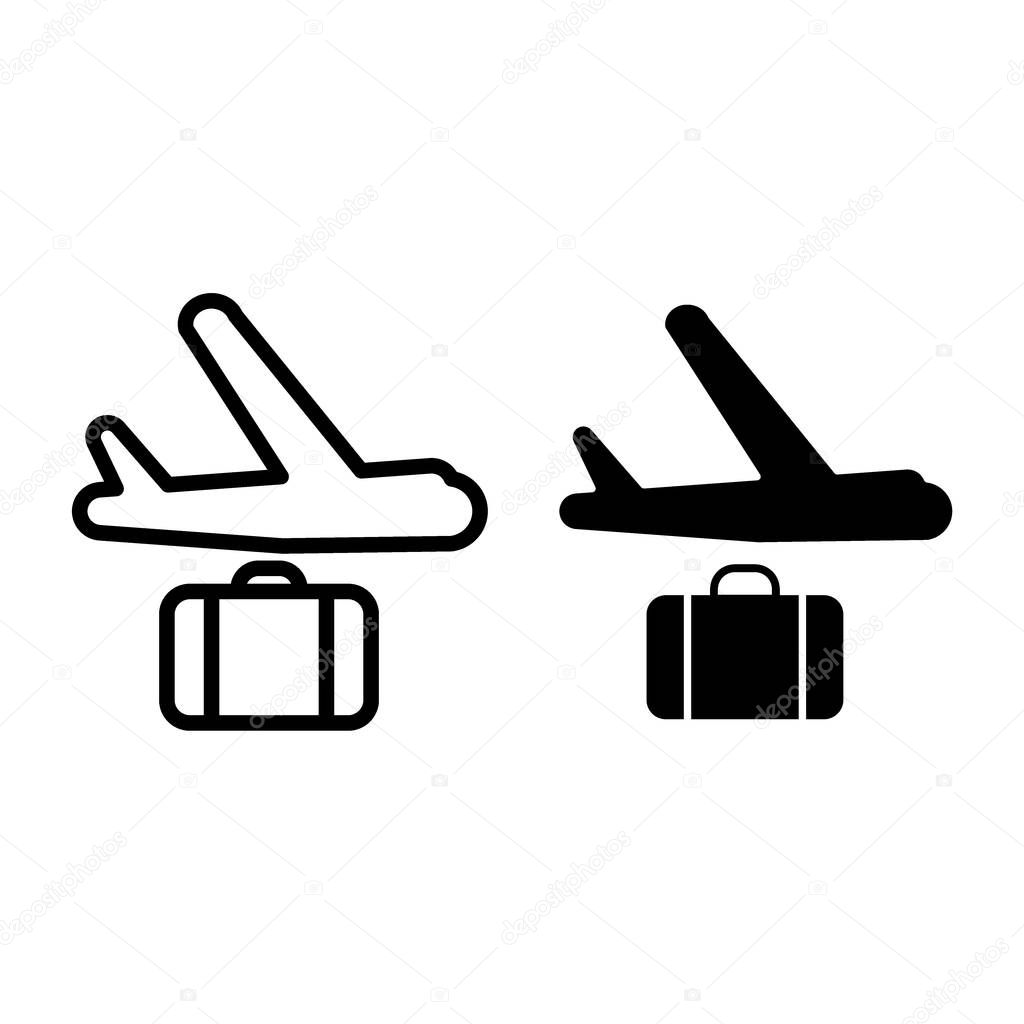 Airplane and suitcase line and glyph icon. Plane delivery vector illustration isolated on white. Cargo airplane deliver outline style design, designed for web and app. Eps 10.