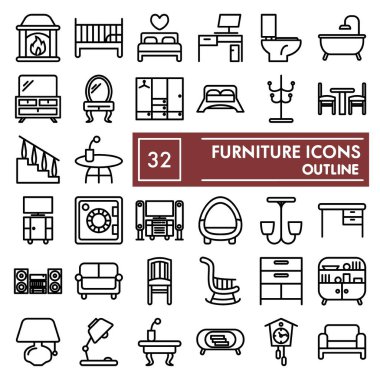 Mobilya çizgisi simgesi seti, iç semboller koleksiyonu, vektör çizimleri, logo illüstrasyonları, beyaz arkaplanda izole edilmiş ev işaretleri resimli paketler, 10.