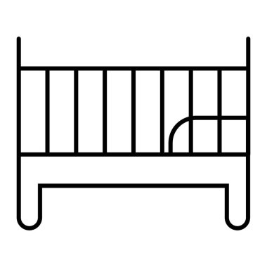 Bebek yatağı, ince çizgi ikonu. Çocuk yatağı çizimi beyaza izole edilmiş. Cot tasarımı, web ve uygulama için tasarlandı. Eps 10.