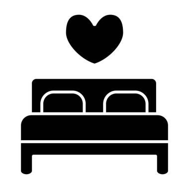 Çift katlı yatak katı ikonu. Aşıkların yatak vektör illüstrasyonu beyaza izole edilmiş. Kalp glifli yatak, ağ ve uygulama için tasarlanmış. Eps 10.