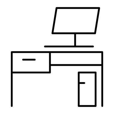 Masa ince çizgi simgesi. İşyeri vektör illüstrasyonu beyazda izole edildi. Ofis masası tasarımı, web ve uygulama için tasarlanmış. Eps 10.