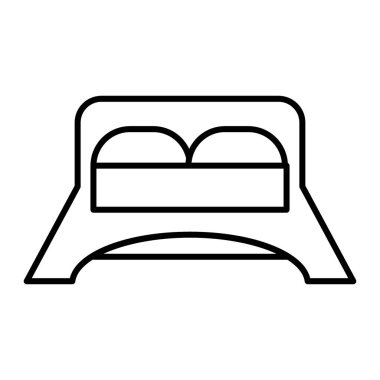 Yatak ince çizgi ikonu. Yatak odası vektör illüstrasyonu beyaza izole edildi. Çift yatak tasarımı, web ve uygulama için tasarlanmış. Eps 10.