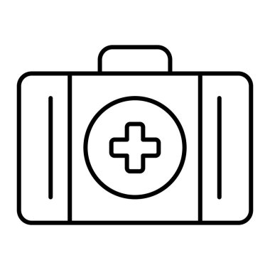İlk yardım kutusu ince çizgi simgesi. İlk yardım çantası vektör çizimi beyaza izole edildi. Çapraz hatlı tasarım çantalı, web ve uygulama için tasarlanmış. Eps 10.