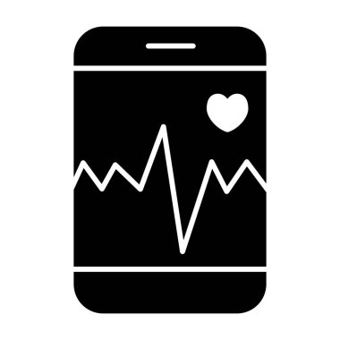 Akıllı telefon simgesinde kalp atışı. Telefon vektör illüstrasyonundaki kardiyogram beyaza izole edildi. Ağ ve uygulama için tasarlanmış, sinyal glifli akıllı telefon. Eps 10.