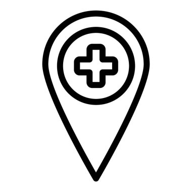 Çapraz çizgi simgesine sahip konum iğnesi. Hastane konumu vektör illüstrasyon beyaz izole. Web ve uygulama için tasarlanmış tıbbi çapraz anahat stil tasarımı ile pin konumu..