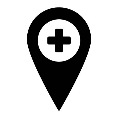 Çapraz sert simgesi olan konum iğnesi. Hastanenin konum vektör illüstrasyonu beyazda izole edildi. Ağ ve uygulama için tasarlanmış tıbbi çapraz kabartma tasarımı olan iğne konumu. Eps 10.