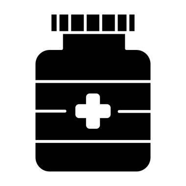 İlaç şişesi katı bir ikon. İlaç vektör illüstrasyonu beyaza izole edildi. Tıbbi kabın kabartma tasarımı, web ve uygulama için tasarlandı. Eps 10.