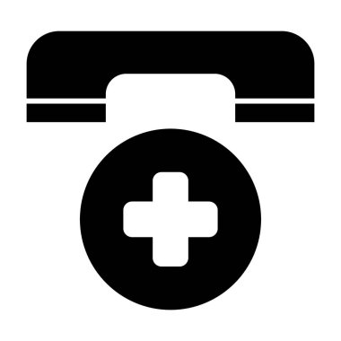 Acil durum çağrısı: Katı simge. Ambulans telefon sembolü vektör çizimi beyaza izole edildi. Telefon ve çapraz kabartma tasarımı, web ve uygulama için tasarlanmış. Eps 10.