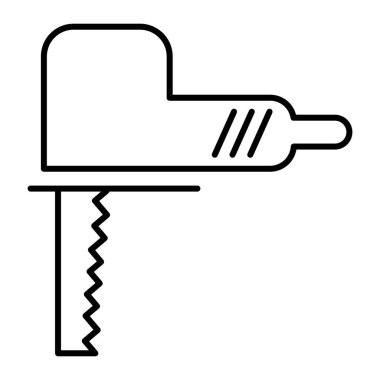 Elektrikli testere ince çizgi simgesi. Beyaz renkte izole edilmiş makine vektör çizimi. Enstrüman tasarımı, web ve uygulama için tasarlandı. Eps 10.