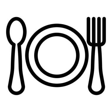 Tabak, kaşık ve çatal çizgisi simgesi. Restoran vektör çizimi beyaza izole edildi. Çatal bıçak tasarımı, web ve uygulama için tasarlanmış. Eps 10.