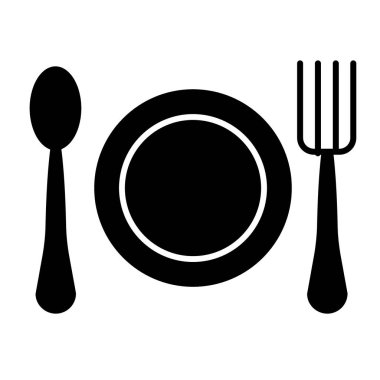 Tabak, kaşık ve çatal katı simge. Restoran vektör çizimi beyaza izole edildi. Çatal bıçak tasarımı, ağ ve uygulama için tasarlanmış. Eps 10.
