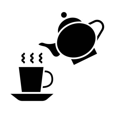 Çaydanlık ve fincan sert simgesi. Çaydanlık ve bardak vektör çizimi beyaza izole edildi. Çay fincanı ve kabartma tasarımı, web ve uygulama için tasarlanmış. Eps 10.