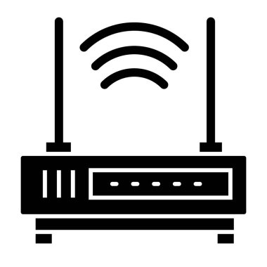 Wifi router katı simgesi. İletişim vektör illüstrasyonu beyazda izole edildi. İnternet kabartma tasarımı, web ve uygulama için tasarlanmış. Eps 10.