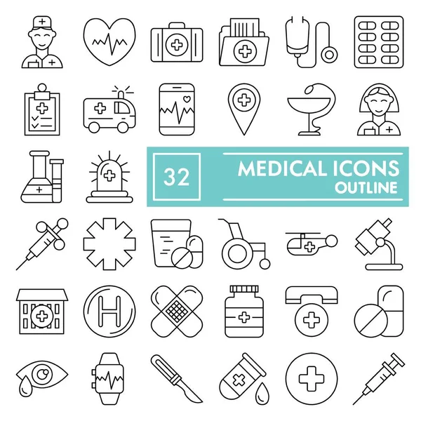 Ιατρική λεπτή γραμμή εικονίδιο σύνολο, ιατρική συλλογή συμβόλων, διανυσματικά σκίτσα, εικονογραφήσεις λογότυπο, πινακίδες φαρμακείο γραμμική εικονογράμματα πακέτο απομονώνονται σε λευκό φόντο, eps 10. — Διανυσματικό Αρχείο
