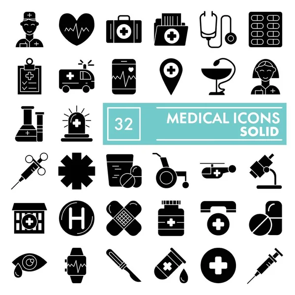 Conjunto de iconos de glifo médico, colección de símbolos de medicina, bocetos vectoriales, ilustraciones de logotipos, signos de farmacia paquete de pictogramas sólidos aislados sobre fondo blanco, eps 10 . — Vector de stock