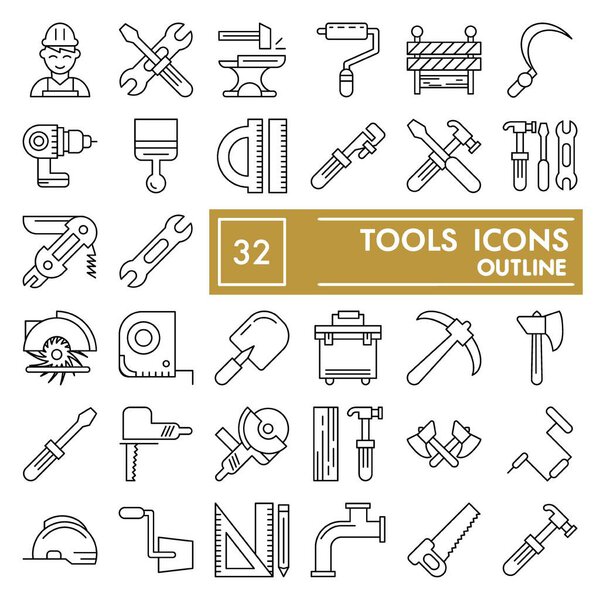 Tools thin line icon set, repair symbols collection, vector sketches, logo illustrations, instrument signs linear pictograms package isolated on white background, eps 10.