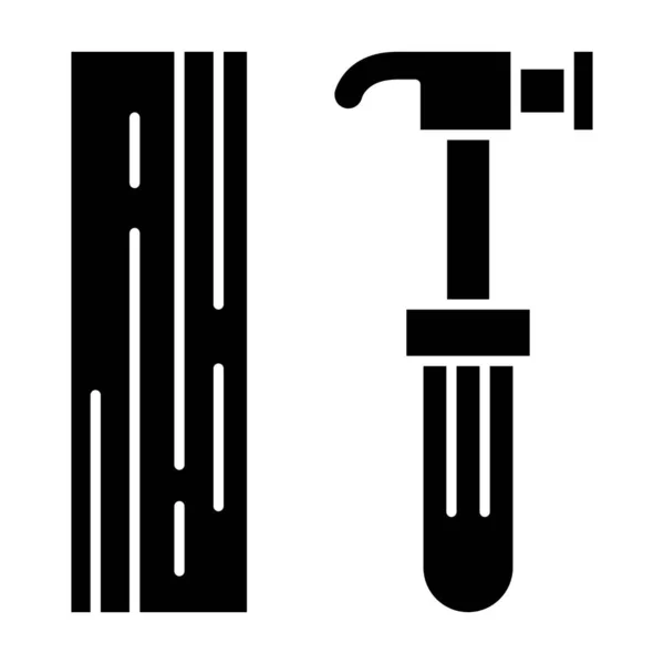 Prkno a kladivo pevná ikona. Stavební vektorová ilustrace izolovaná na bílém. Design pracovního nástroje ve stylu glyfu, určený pro web a aplikaci. Eps 10. — Stockový vektor