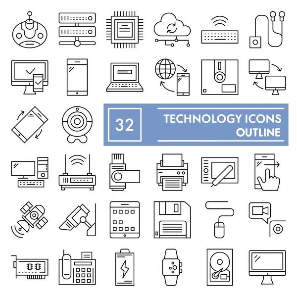 Zestaw ikon cienkich linii technologicznych, kolekcja symboli urządzeń, szkice wektorowe, ilustracje logo, znaki techniczne piktogramy liniowe opakowanie odizolowane na białym tle, eps 10. — Wektor stockowy