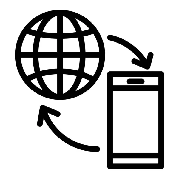 地球線のアイコンを持つスマートフォン。白で区切られたデータ交換ベクトル図。Webやアプリ用に設計されたコミュニケーションアウトラインスタイルのデザイン。Eps 10. — ストックベクタ