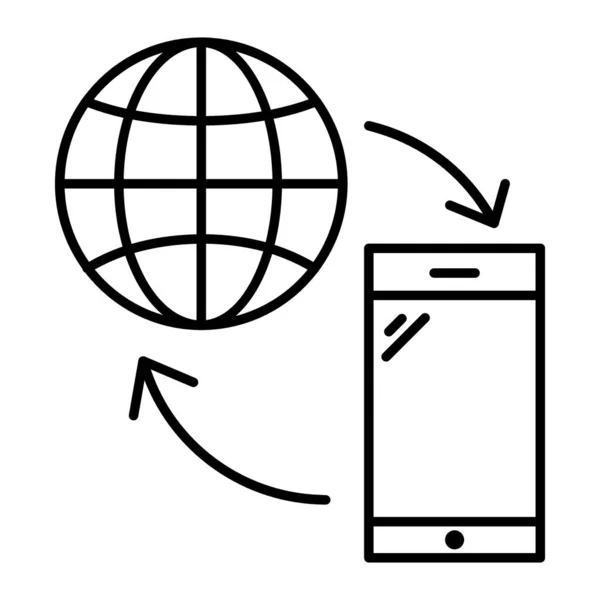 Smartfon z cienką ikoną globu. Ilustracja wektora wymiany danych na białym. Konstrukcja stylów komunikacji, zaprojektowana dla sieci web i aplikacji. Eps 10. — Wektor stockowy