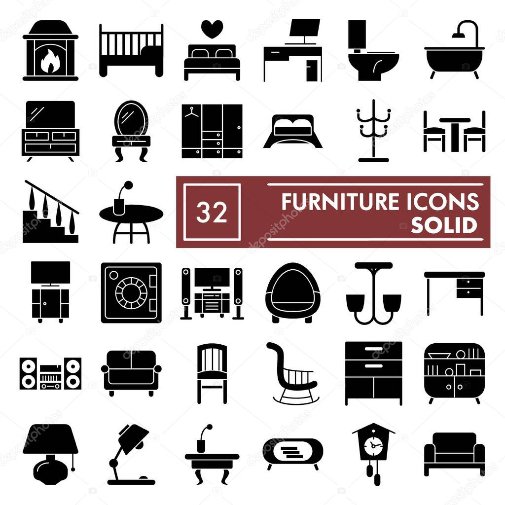 Furniture glyph icon set, interior symbols collection, vector sketches, logo illustrations, home signs solid pictograms package isolated on white background, eps 10