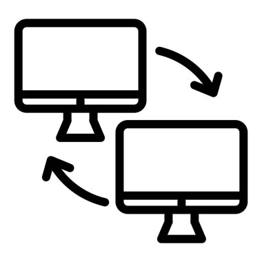 Ok çizgisi simgesi olan iki bilgisayar. Bilgisayar değişim vektör illüstrasyonu beyazda izole edildi. Dosya aktarım biçimi tasarımı, web ve uygulama için tasarlandı. Eps 10.