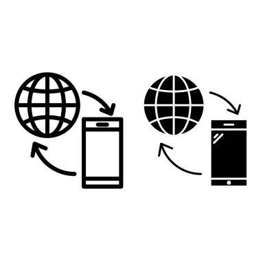 Dünya çizgisi ve simgesi olan akıllı telefon. Veri değişimi vektör illüstrasyonu beyazda izole edildi. İletişim ana hatları tasarımı, web ve uygulama için tasarlandı. Eps 10.