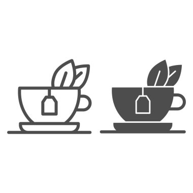 Naneli yeşil çay ve katı ikon, kahvaltı konsepti, beyaz arka planda çay tabelası olan cam bardak, mobil ve web için taslak tarzında yeşil nane yapraklı çay fincanı. Vektör grafikleri.