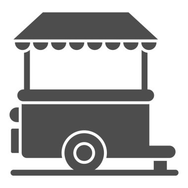 Tekerlekler üzerinde durmak katı ikon, sokak yemekleri kavramı, beyaz arka planda sokak büfesi tabelası, mobil konsept ve web tasarımı için karavan büfesi simgesi. Vektör grafikleri.