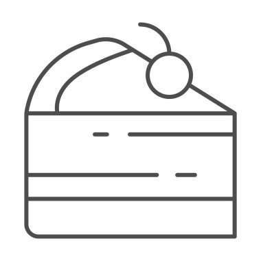Pasta parçası ince çizgi ikonu, sokak yemeği konsepti, beyaz zemin üzerinde kiraz işareti olan bir dilim turta, mobil konsept ve web için ana hatlı kiraz ikonlu bir parça kek. Vektör grafikleri.