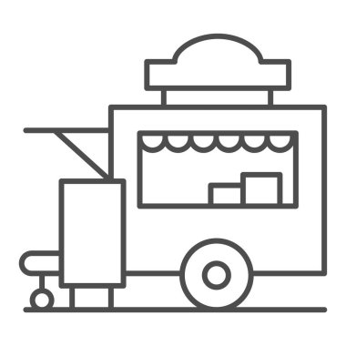 Trailer kiosk ince çizgi ikonu, sokak yemekleri konsepti, beyaz arka planda sokak büfesi tabelası, mobil konsept ve web tasarımı için yiyecek karavanı simgesi. Vektör grafikleri.