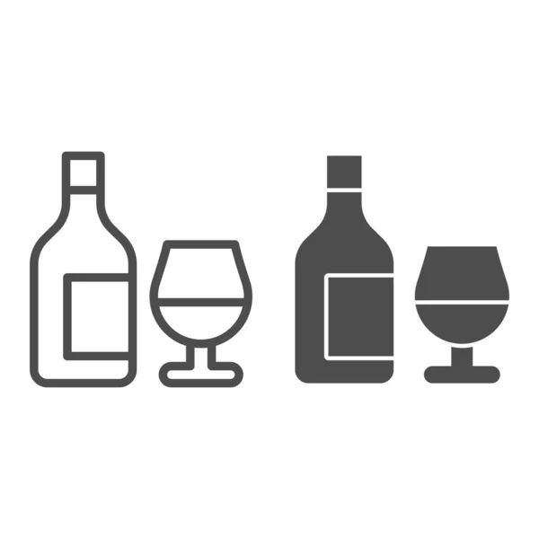 Bottiglia e bicchiere di linea di vino e icona solida, concetto di bevande alcoliche, segno di vino su sfondo bianco, bottiglia con icona di vetro in stile contorno per concetto mobile e web design. Grafica vettoriale. — Vettoriale Stock