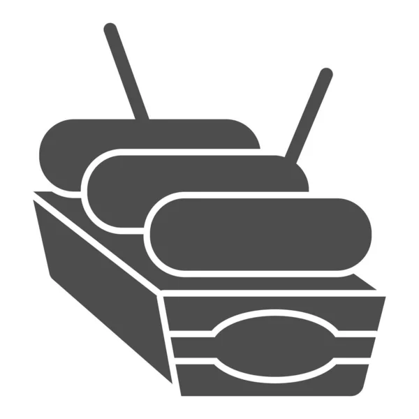 Ковбаси в коробці тверда ікона, концепція вуличної їжі, знак контейнера для їжі на білому тлі, значок ковбаси в стилі гліфі для мобільної концепції та веб-дизайну. Векторна графіка . — стоковий вектор