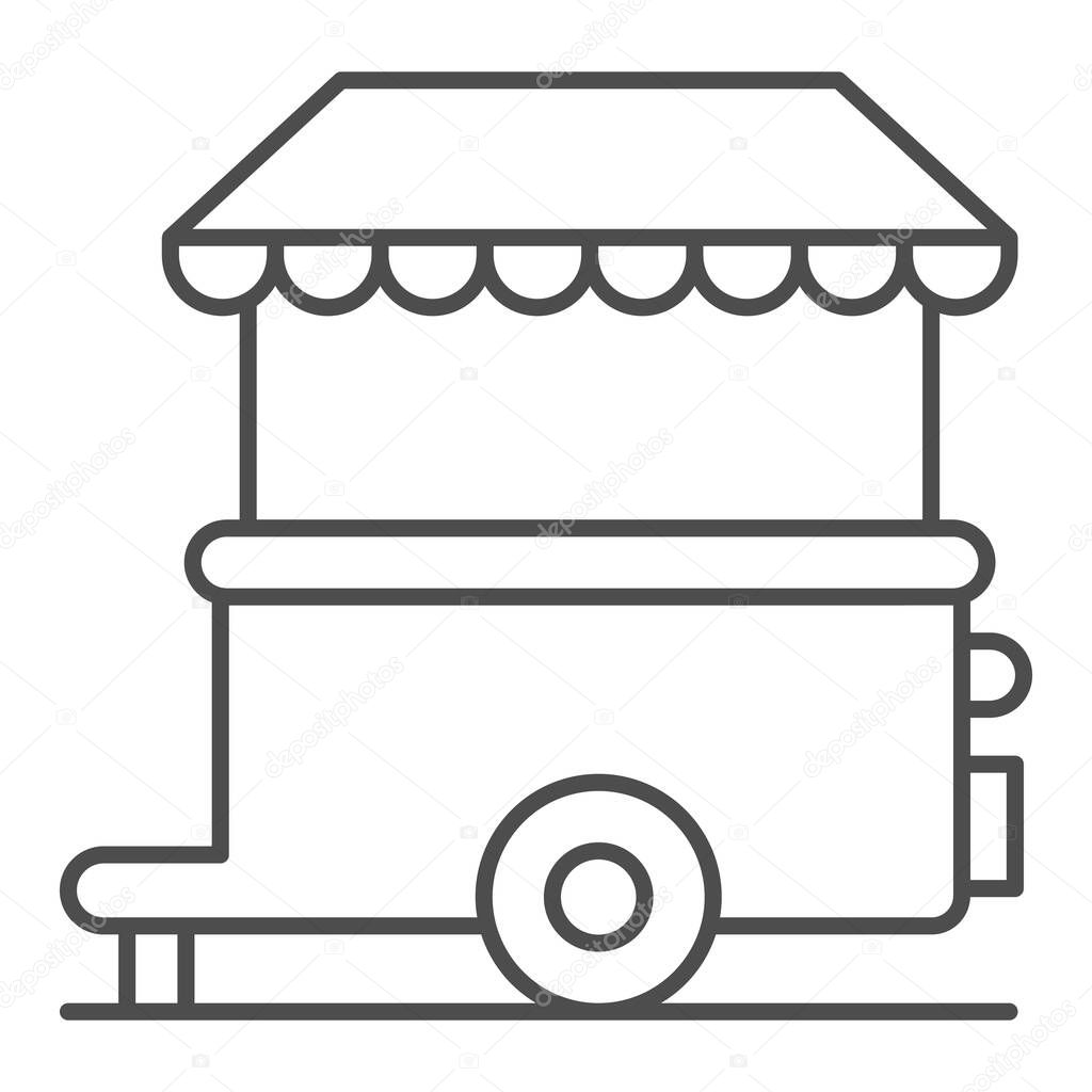 Stall on wheels thin line icon, Street food concept, Street kiosk sign on white background, Trailer kiosk icon in outline style for mobile concept and web design. Vector graphics