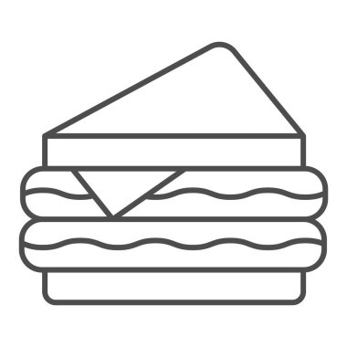 Sandviç ince çizgi ikonu, sokak yemekleri konsepti, beyaz arka planda peynirli ekmek ve et tabelalı tabela, mobil konsept ve web tasarımı için ana hatlı ikon. Vektör grafikleri.