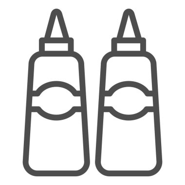 Sos ve hardal çizgisi ikonu, sokak yemekleri konsepti, beyaz arka planda sos şişeleri işareti, mobil ve web tasarımı için ana hatlı ketçap şişeleri ve hardal ikonu. Vektör grafikleri.