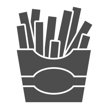 Patates kızartması katı ikon, abur cubur konsepti beyaz arka planda kağıt torba şeklinde patates kızartması mobil konsept ve web tasarımı için kabartma simgesi. Vektör grafikleri.